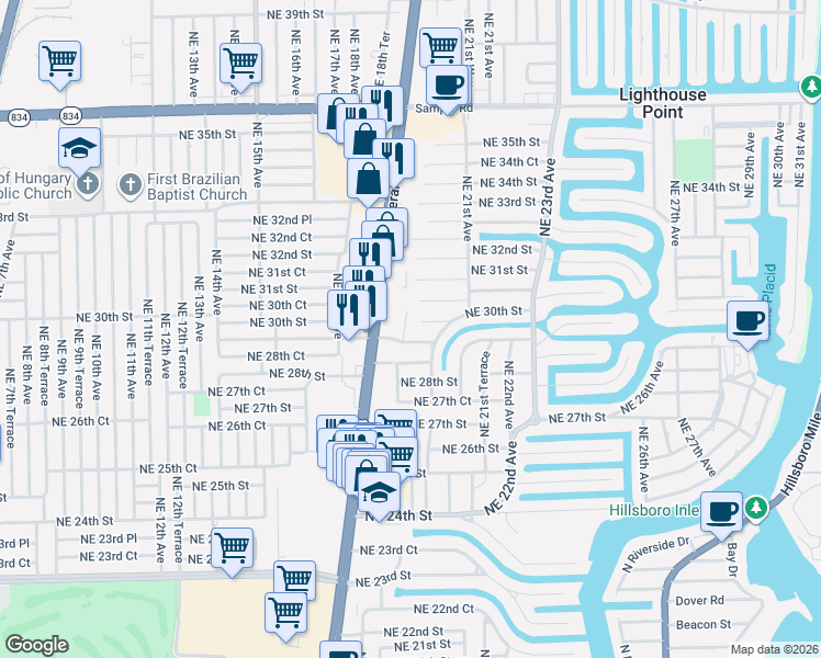 map of restaurants, bars, coffee shops, grocery stores, and more near 2960 Northeast 19th Terrace in Lighthouse Point