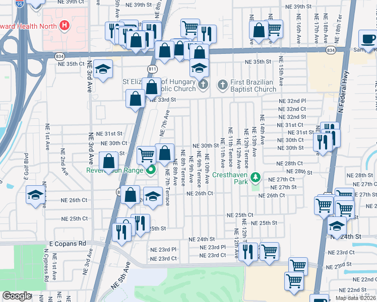 map of restaurants, bars, coffee shops, grocery stores, and more near 2941 Northeast 9th Avenue in Pompano Beach