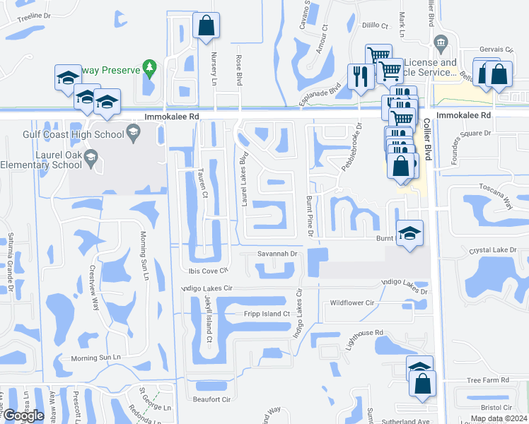map of restaurants, bars, coffee shops, grocery stores, and more near 8495 Laurel Lakes Cove in Naples