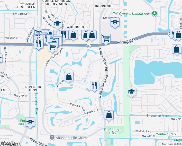 map of restaurants, bars, coffee shops, grocery stores, and more near 3440 Pinewalk Drive North in Margate