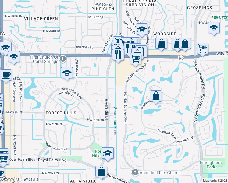 map of restaurants, bars, coffee shops, grocery stores, and more near 3069 Riverside Drive in Coral Springs