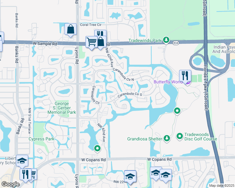 map of restaurants, bars, coffee shops, grocery stores, and more near 4461 Carambola Circle South in Coconut Creek