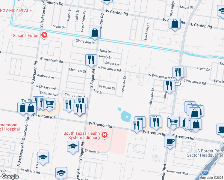 map of restaurants, bars, coffee shops, grocery stores, and more near 1219 West Ricco Street in Edinburg