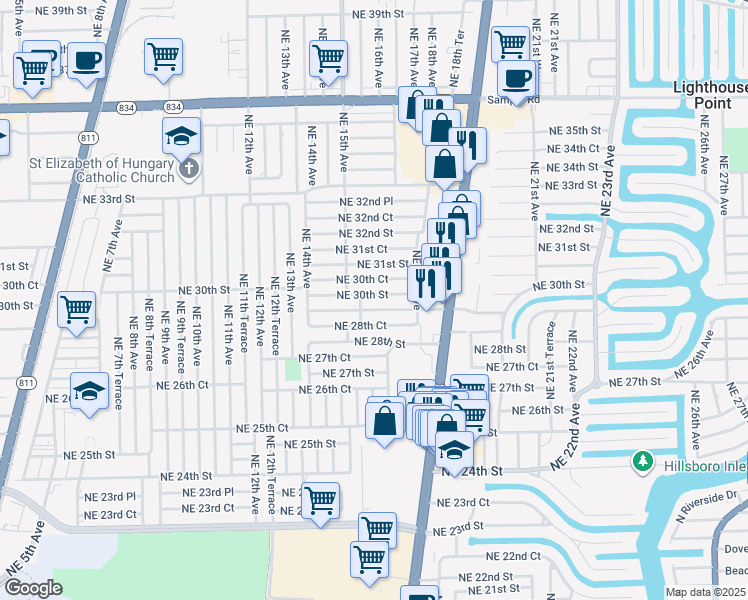 map of restaurants, bars, coffee shops, grocery stores, and more near 1544 Northeast 30th Street in Pompano Beach