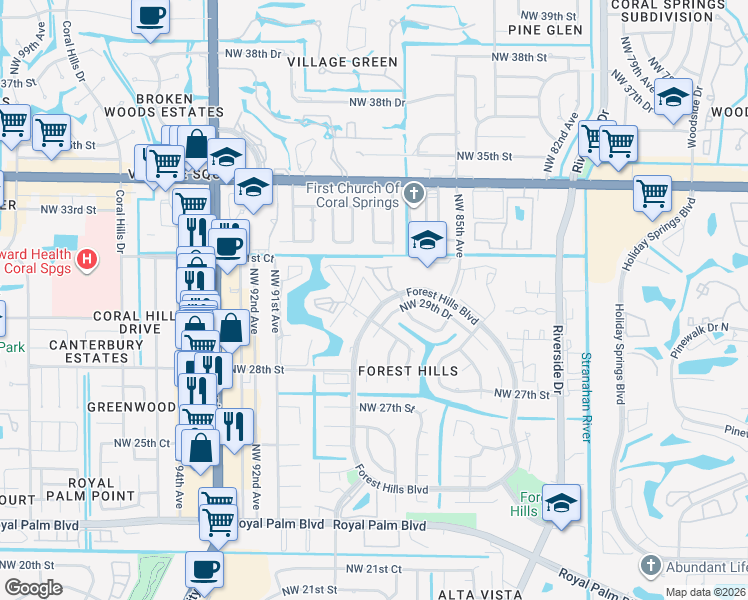 map of restaurants, bars, coffee shops, grocery stores, and more near 2988 Northwest 89th Terrace in Coral Springs