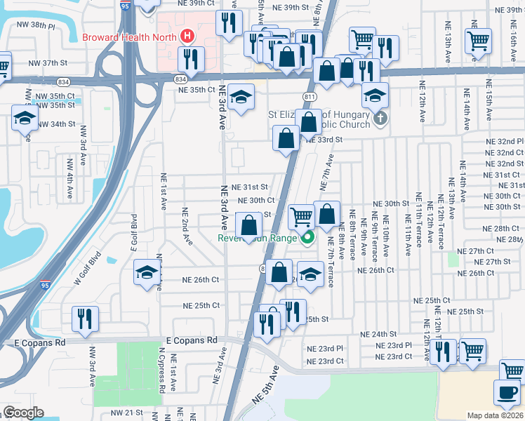 map of restaurants, bars, coffee shops, grocery stores, and more near 500 Northeast 30th Court in Pompano Beach
