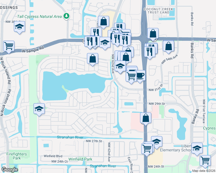 map of restaurants, bars, coffee shops, grocery stores, and more near 3141 Sunset Circle in Margate