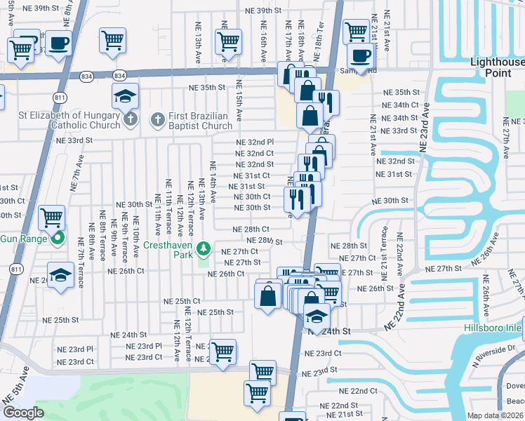 map of restaurants, bars, coffee shops, grocery stores, and more near 1573 Northeast 30th Street in Pompano Beach