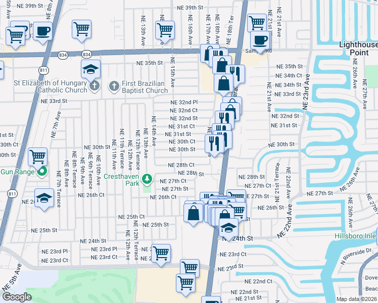 map of restaurants, bars, coffee shops, grocery stores, and more near 1573 Northeast 30th Street in Pompano Beach