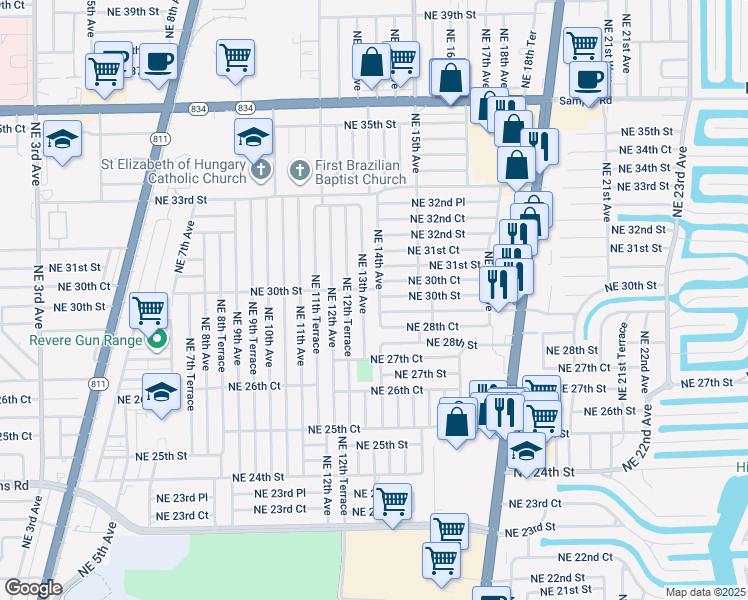 map of restaurants, bars, coffee shops, grocery stores, and more near 1411 Northeast 30th Street in Pompano Beach