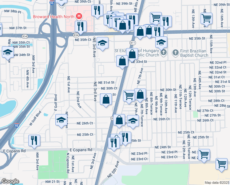 map of restaurants, bars, coffee shops, grocery stores, and more near 500 Northeast 30th Court in Pompano Beach