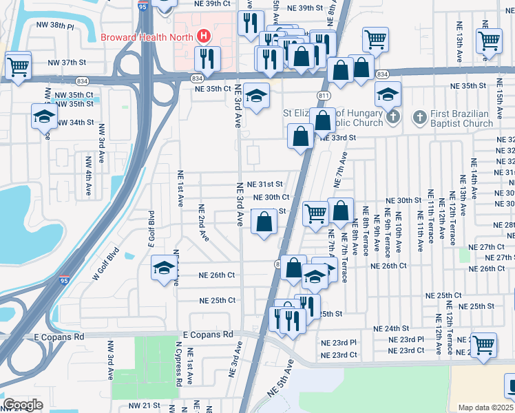 map of restaurants, bars, coffee shops, grocery stores, and more near 350 Northeast 30th Court in Pompano Beach