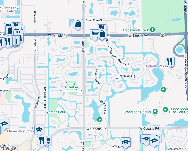 map of restaurants, bars, coffee shops, grocery stores, and more near 3276 Carambola Circle in Coconut Creek