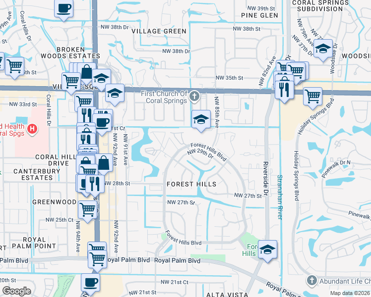 map of restaurants, bars, coffee shops, grocery stores, and more near 8701 Cache in Coral Springs