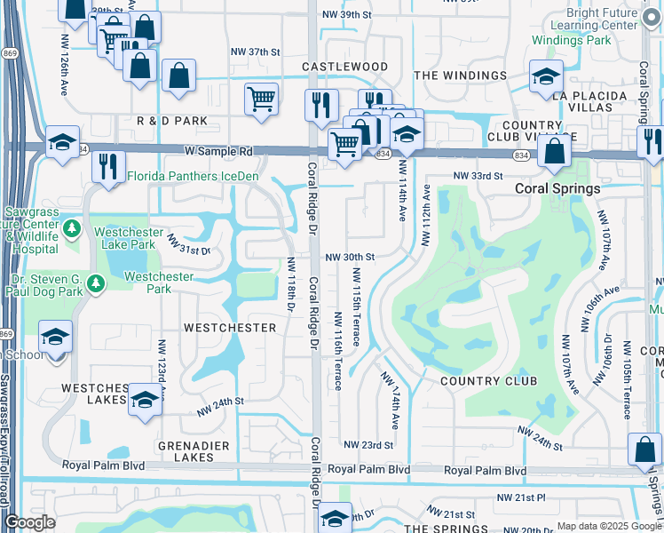 map of restaurants, bars, coffee shops, grocery stores, and more near 11644 Northwest 30th Street in Coral Springs