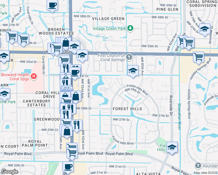 map of restaurants, bars, coffee shops, grocery stores, and more near 2988 Northwest 89th Terrace in Coral Springs