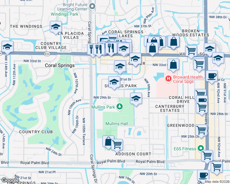 map of restaurants, bars, coffee shops, grocery stores, and more near 10257 Northwest 29th Street in Coral Springs