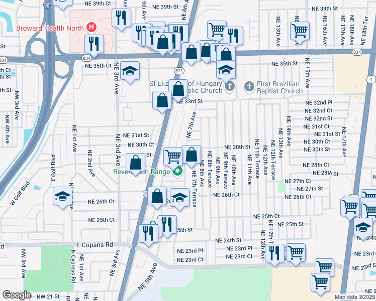 map of restaurants, bars, coffee shops, grocery stores, and more near 2950 Northeast 7th Avenue in Pompano Beach
