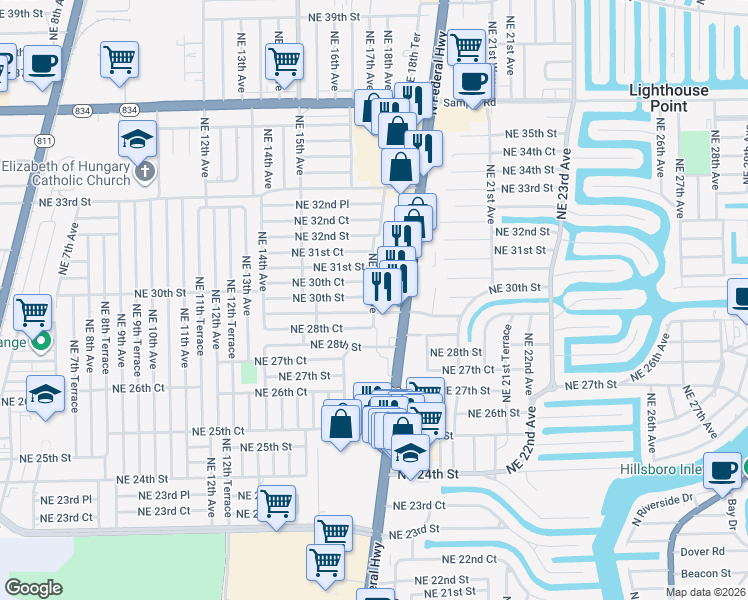 map of restaurants, bars, coffee shops, grocery stores, and more near 1686 Northeast 30th Street in Pompano Beach
