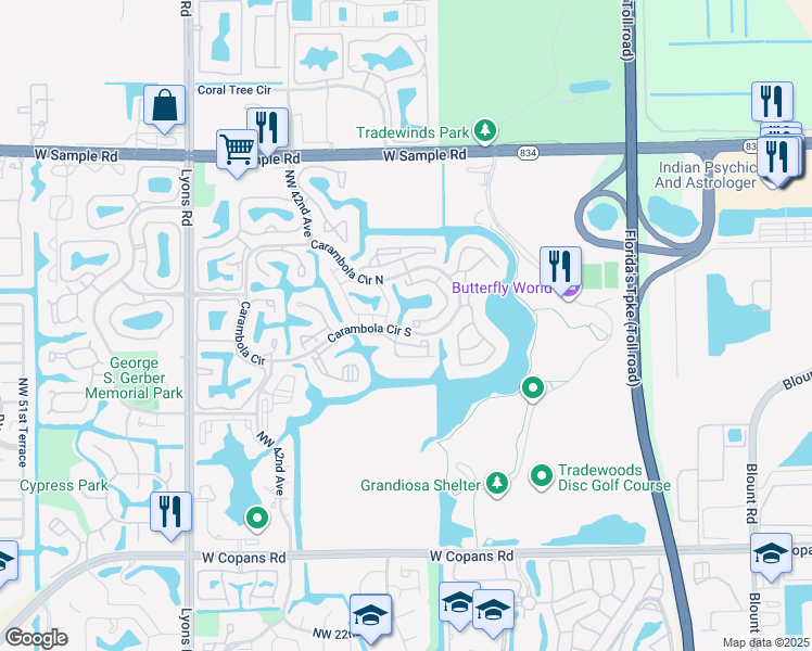 map of restaurants, bars, coffee shops, grocery stores, and more near 4675 Carambola Circle North in Coconut Creek