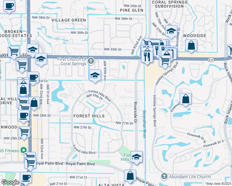 map of restaurants, bars, coffee shops, grocery stores, and more near 8411 Forest Hills Drive in Coral Springs