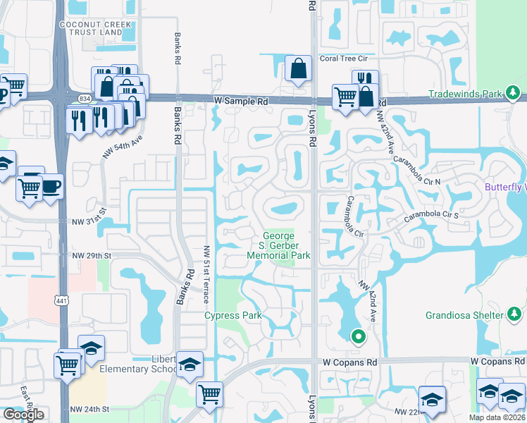 map of restaurants, bars, coffee shops, grocery stores, and more near 3937 Cocoplum Circle in Coconut Creek