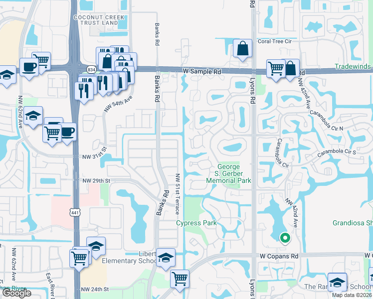 map of restaurants, bars, coffee shops, grocery stores, and more near 19 Cocoplum Circle in Coconut Creek