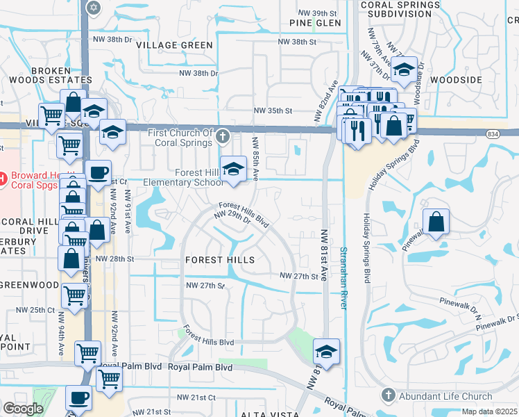 map of restaurants, bars, coffee shops, grocery stores, and more near 8433 Forest Hills Boulevard in Coral Springs