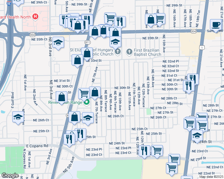 map of restaurants, bars, coffee shops, grocery stores, and more near 2950 Northeast 9th Avenue in Pompano Beach