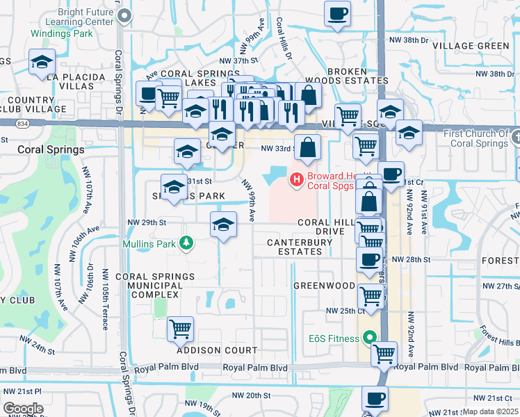 map of restaurants, bars, coffee shops, grocery stores, and more near 2975 Northwest 99th Avenue in Coral Springs
