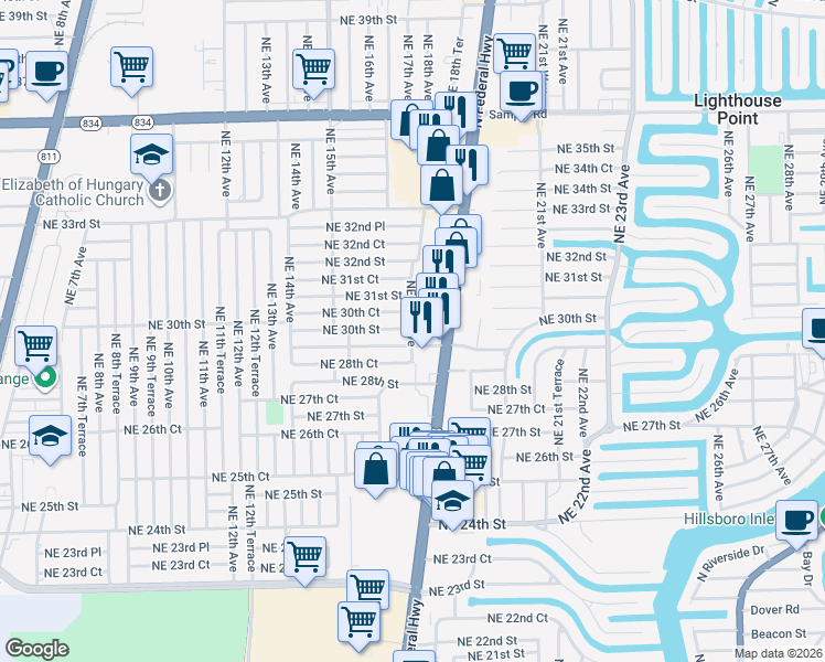 map of restaurants, bars, coffee shops, grocery stores, and more near 1686 Northeast 30th Street in Pompano Beach