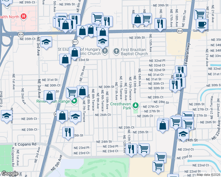 map of restaurants, bars, coffee shops, grocery stores, and more near 2951 Northeast 10th Terrace in Pompano Beach