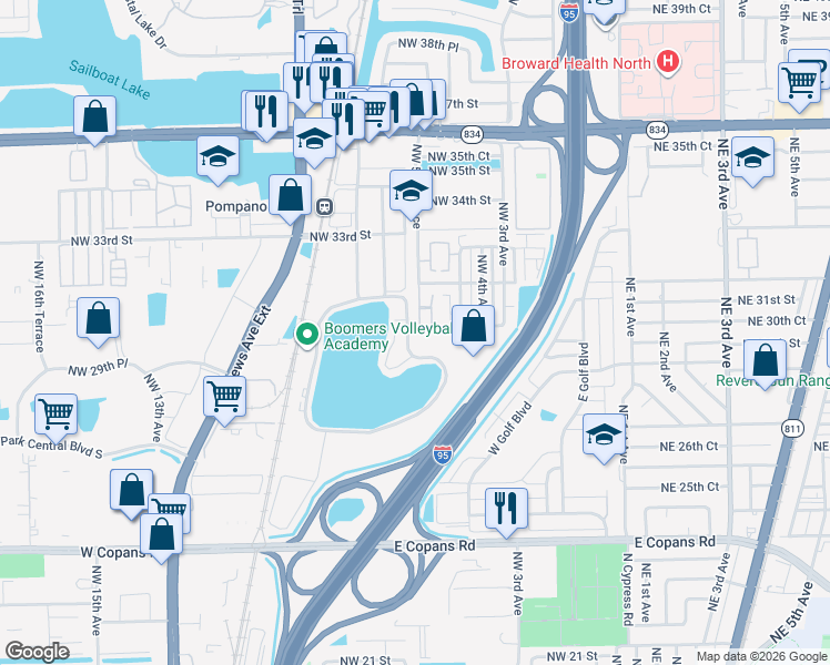 map of restaurants, bars, coffee shops, grocery stores, and more near 3001 Northwest 5th Terrace in Pompano Beach