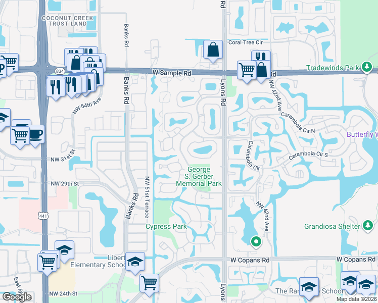 map of restaurants, bars, coffee shops, grocery stores, and more near 3937 Cocoplum Circle in Coconut Creek