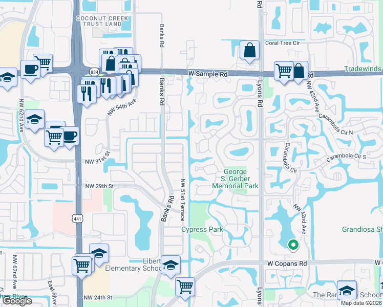 map of restaurants, bars, coffee shops, grocery stores, and more near 19 Cocoplum Circle in Coconut Creek