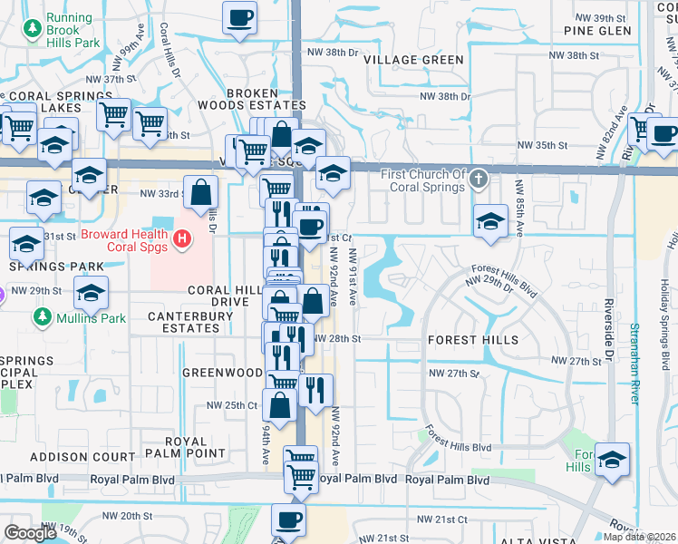 map of restaurants, bars, coffee shops, grocery stores, and more near 3055 Northwest 92nd Avenue in Coral Springs