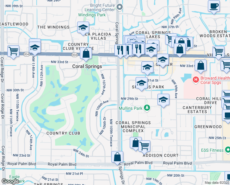 map of restaurants, bars, coffee shops, grocery stores, and more near 3200 Coral Springs Drive in Coral Springs