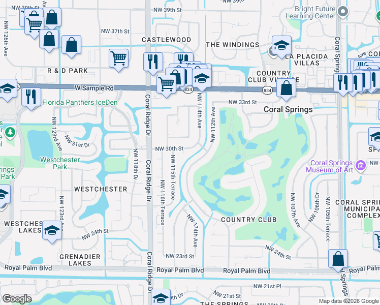 map of restaurants, bars, coffee shops, grocery stores, and more near 11420 Northwest 30th Street in Coral Springs
