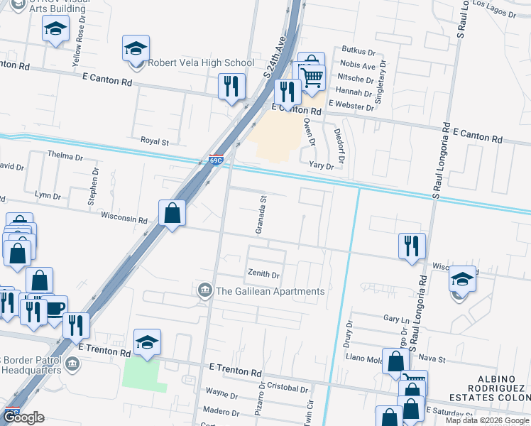 map of restaurants, bars, coffee shops, grocery stores, and more near 3318 Granada Street in Edinburg