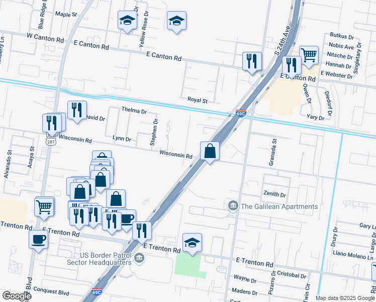 map of restaurants, bars, coffee shops, grocery stores, and more near 821 East Wisconsin Road in Edinburg