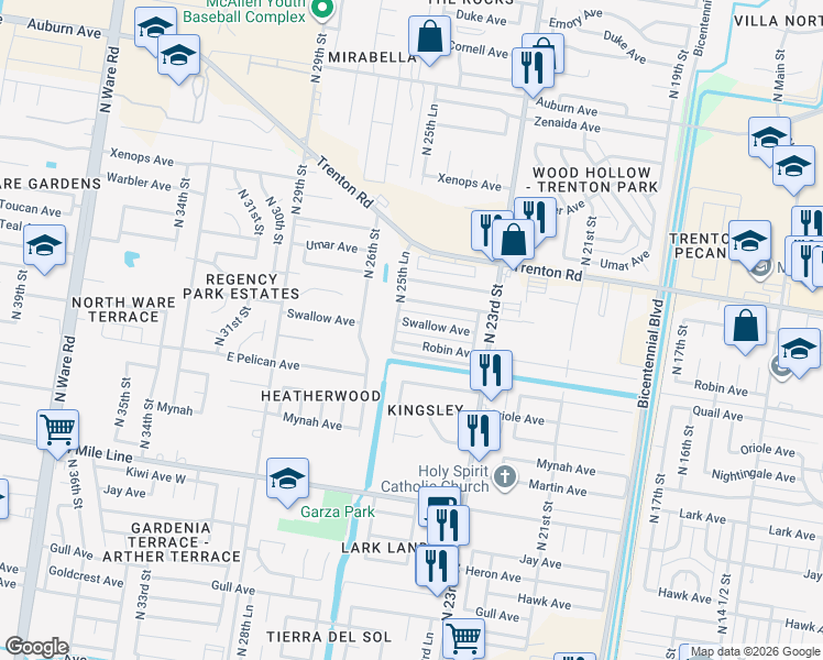 map of restaurants, bars, coffee shops, grocery stores, and more near 2505 Swallow Avenue in McAllen