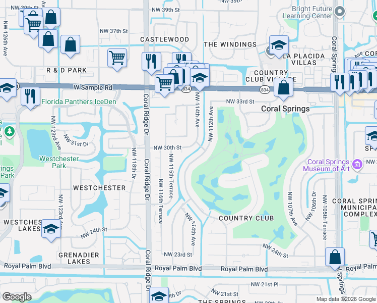 map of restaurants, bars, coffee shops, grocery stores, and more near 11420 Northwest 30th Street in Coral Springs