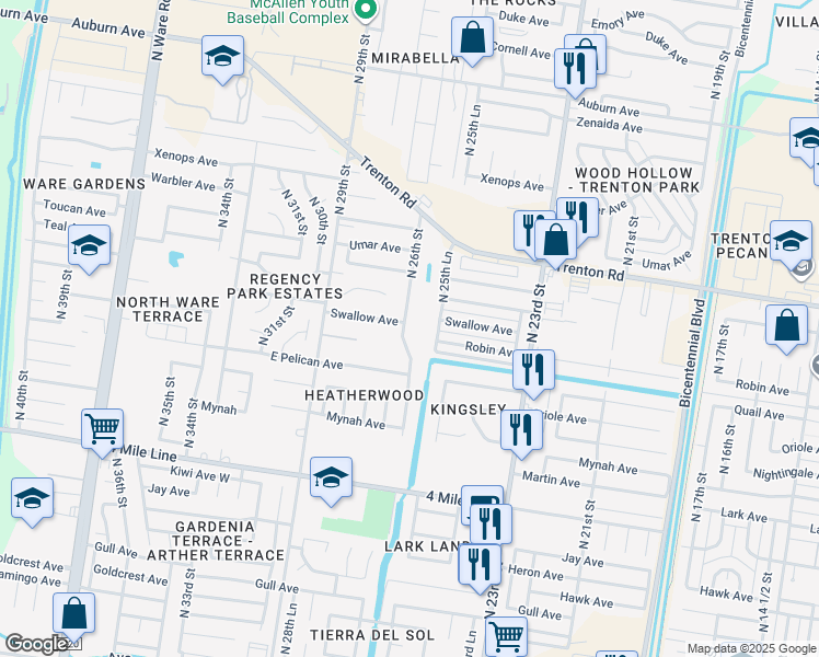map of restaurants, bars, coffee shops, grocery stores, and more near 7024 North 26th Street in McAllen