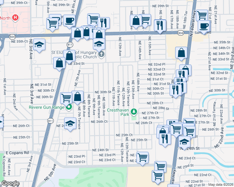 map of restaurants, bars, coffee shops, grocery stores, and more near 2951 Northeast 11th Terrace in Pompano Beach