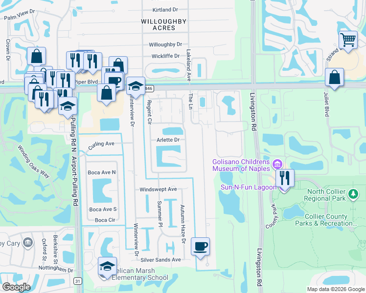 map of restaurants, bars, coffee shops, grocery stores, and more near 10310 Regent Circle in Naples