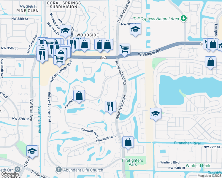 map of restaurants, bars, coffee shops, grocery stores, and more near 3480 Pinewalk Drive North in Margate