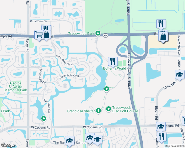 map of restaurants, bars, coffee shops, grocery stores, and more near 2741 Carambola Circle South in Coconut Creek