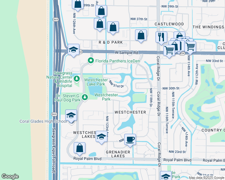 map of restaurants, bars, coffee shops, grocery stores, and more near 12209 Northwest 30th Street in Coral Springs