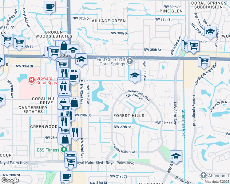 map of restaurants, bars, coffee shops, grocery stores, and more near 2988 Northwest 89th Terrace in Coral Springs