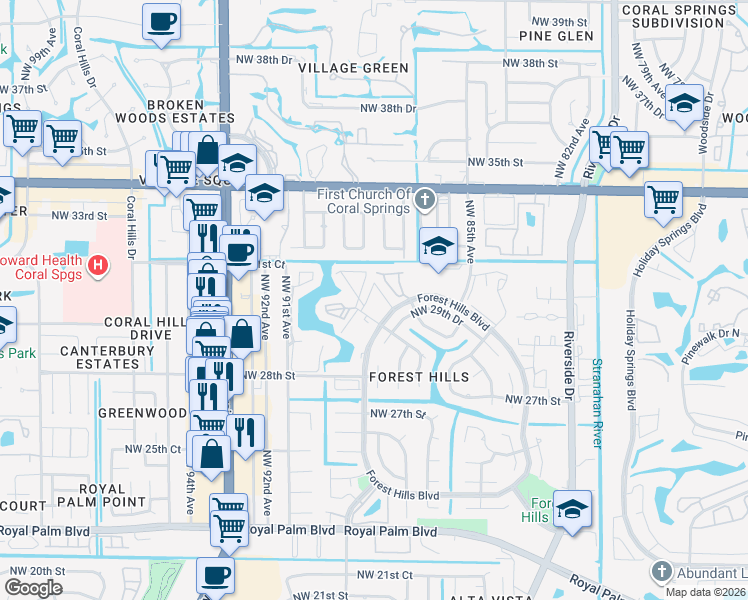 map of restaurants, bars, coffee shops, grocery stores, and more near 2933 Northwest 89th Terrace in Coral Springs